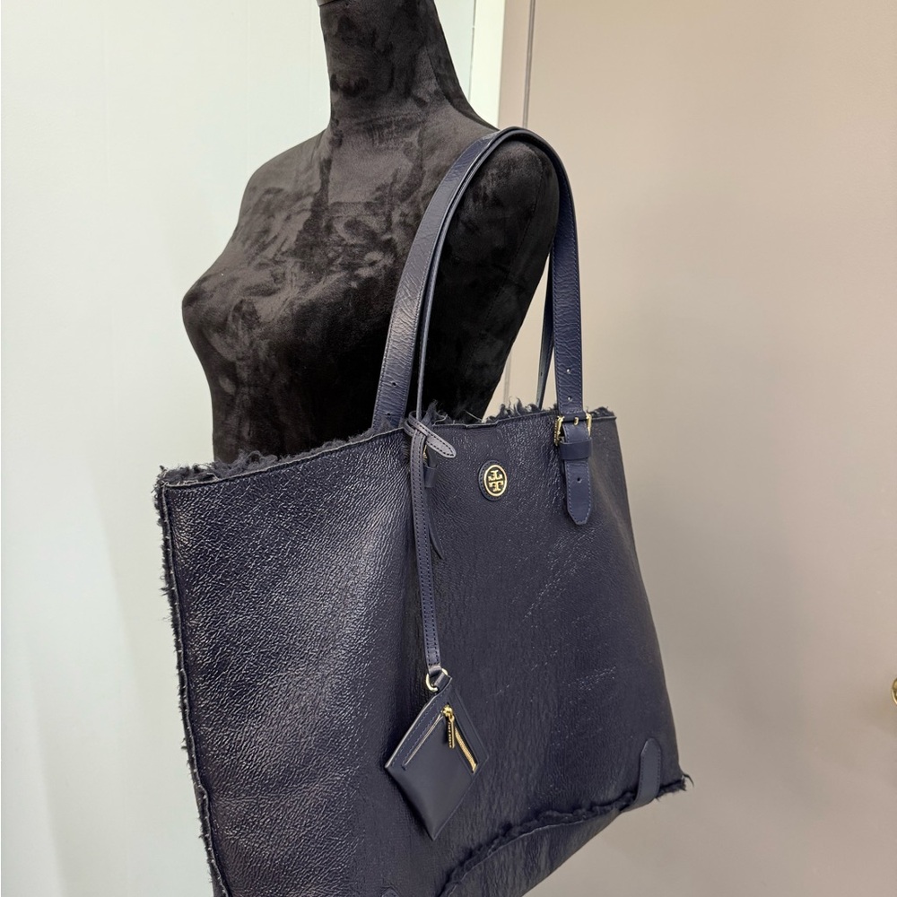 Tory Burch A4 Storage Tote Bag Fur Leather Navy Blue Designer Large Bag Luxury